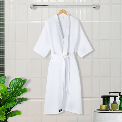 WHITE BATHROBE, WAFFEL BATHROBE, WHITE WAFFEL BATHROBE, COTTON BATHROBE, 400GSM, MACHINE WASHABLE.