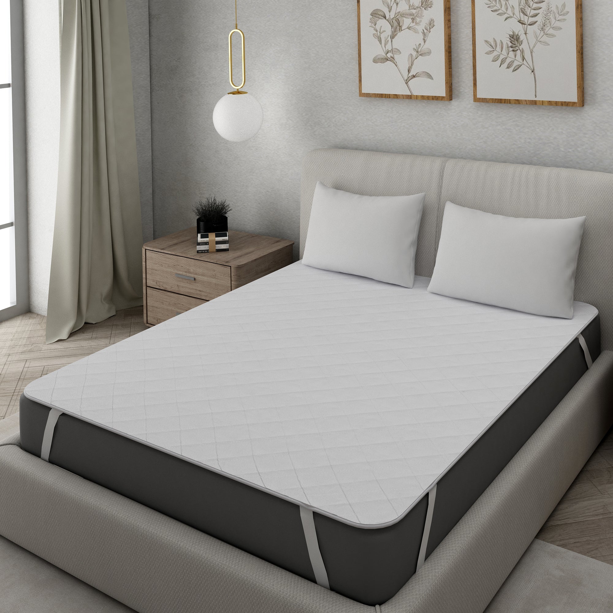 MATTRESS PROTECTOR, WHITE MATTRESS PROTECTOR, WATERPROOF, CORNER ELASTIC, MACHINE WASH, DIAMOND STITCHING, DURABLE, 100% COTTON, SINGLE MATTRESS PROTECTOR, DOUBLE MATTRESS PROTECTOR.