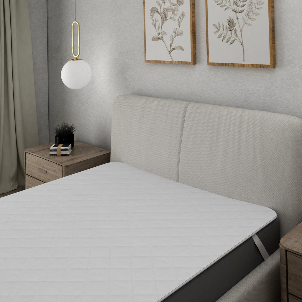 MATTRESS PROTECTOR, WHITE MATTRESS PROTECTOR, WATERPROOF, CORNER ELASTIC, MACHINE WASH, DIAMOND STITCHING, DURABLE, 100% COTTON, SINGLE MATTRESS PROTECTOR, DOUBLE MATTRESS PROTECTOR.